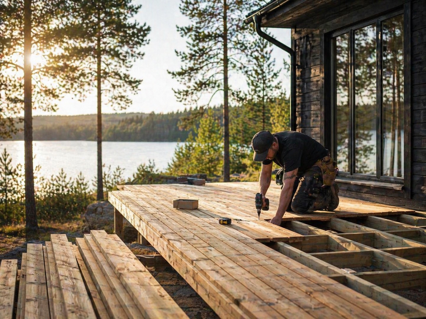 Terassin rakentaminen terassilaudoista järvimaisemassa